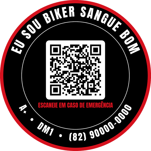 Bolacha de membro Biker Sangue Bom, com QR code, tipo sanguíneo, sigla da doença de controle e telefone do contato de emergência